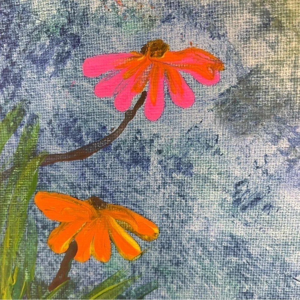 Handmade acrylic painting of sunshine and flowers daisies